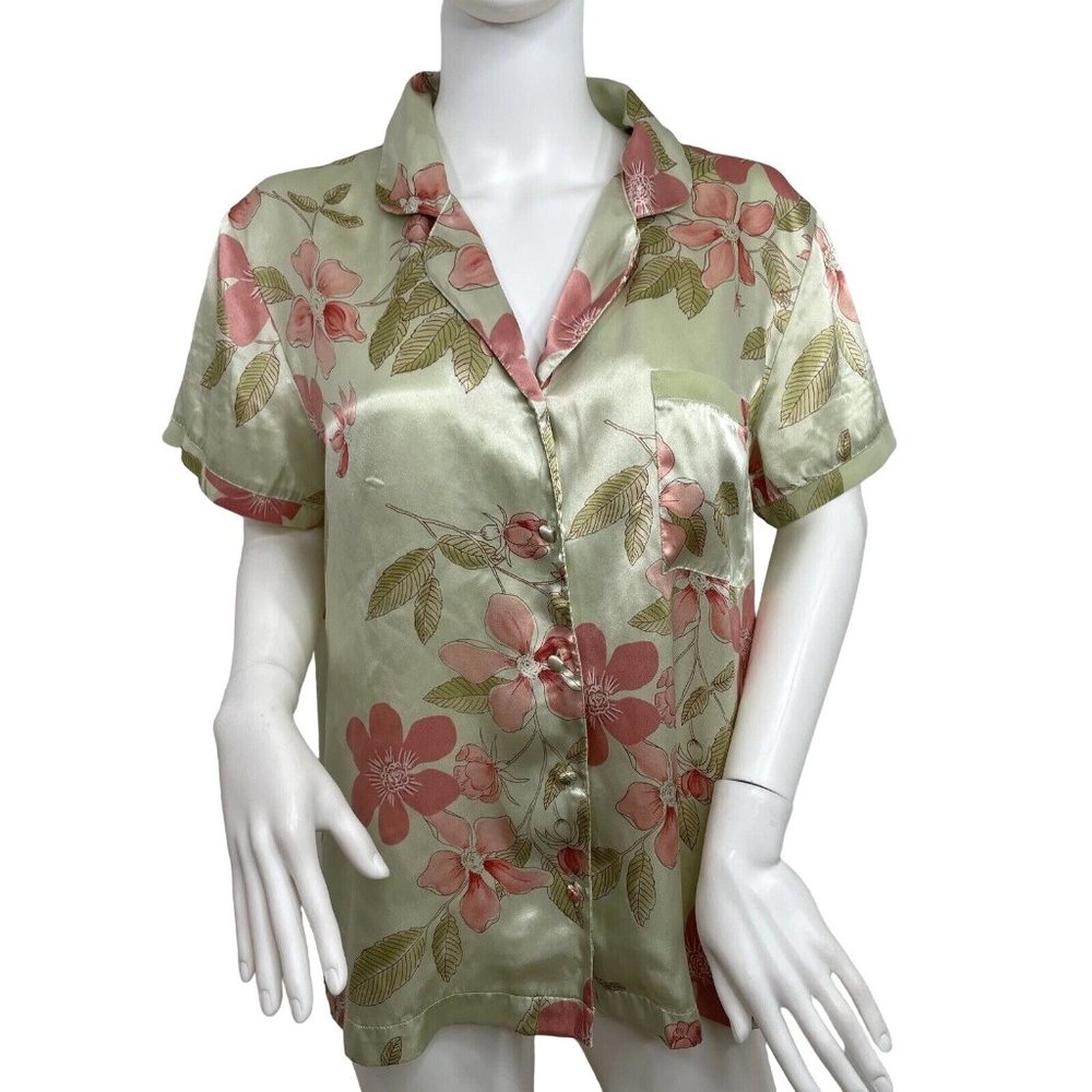 Morgan Taylor Women’s Vintage Pajama Top M Collar Short Sleeve Floral Green Pink